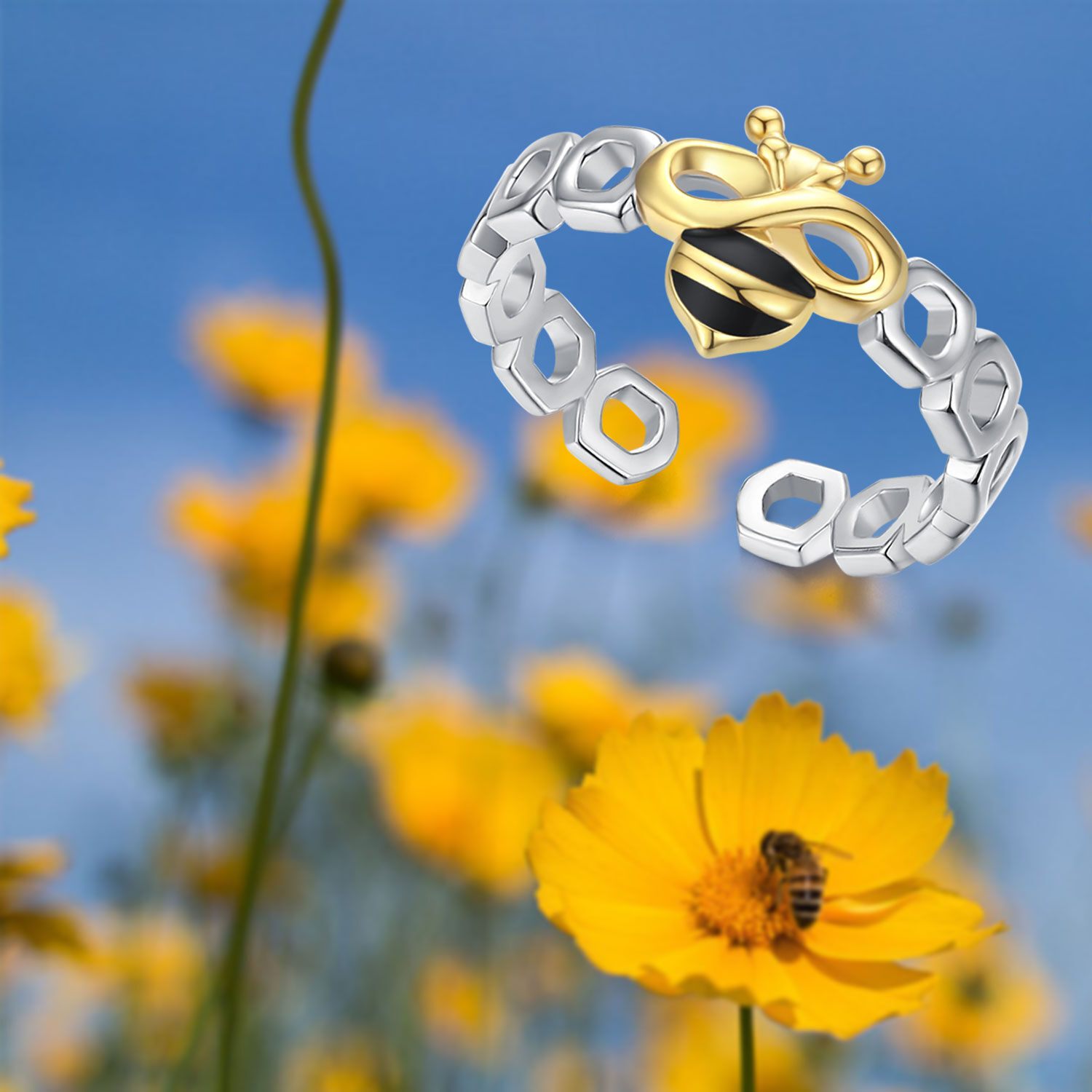 Bee Ring S925 Sterling Silver Adjustable Open Bee Ring for Women Graduation Gift